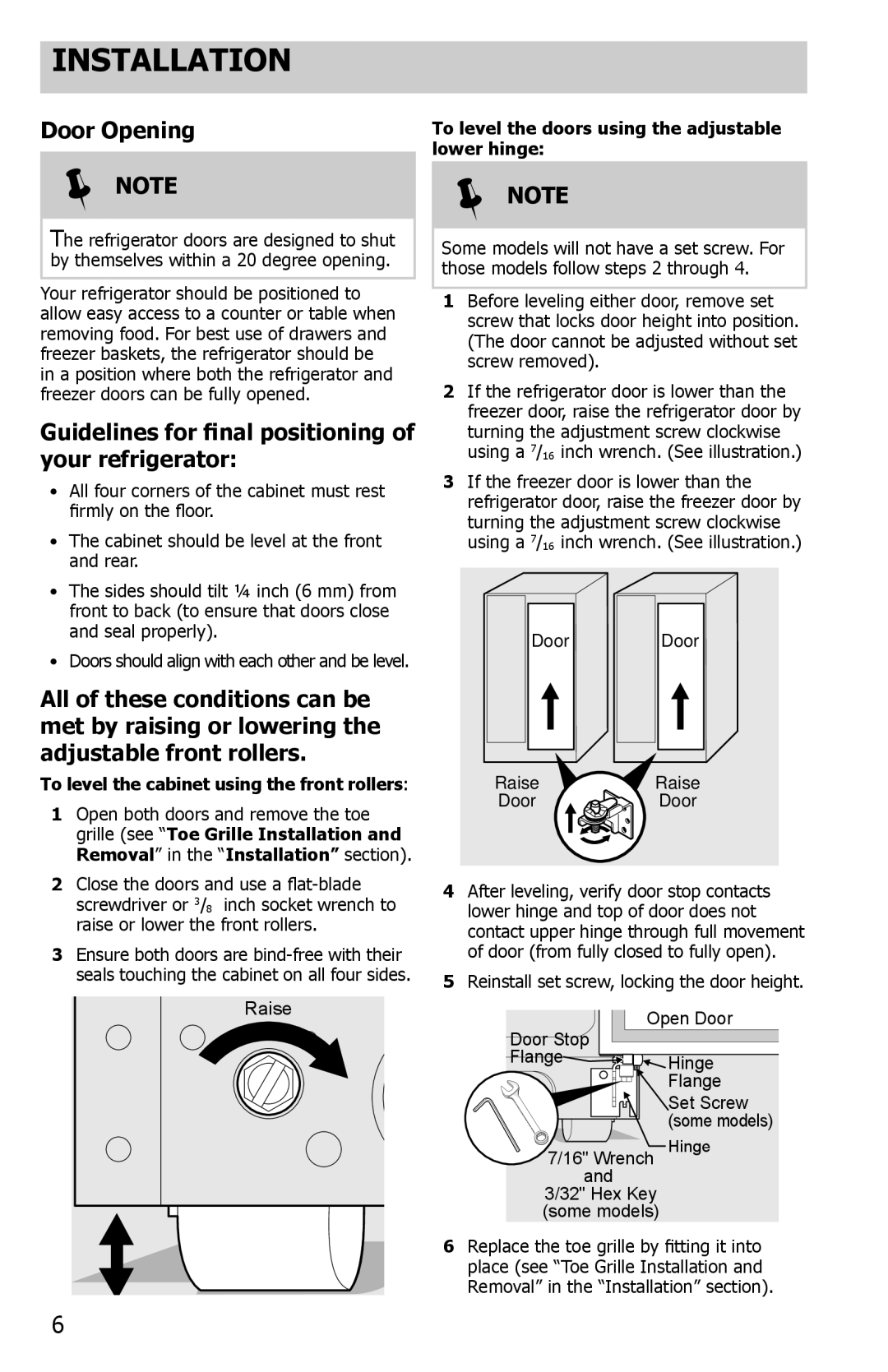 Frigidaire FFHS2313LM, FFHS2622MS, FFHS2622MW Door Opening, Guidelines for final positioning of your refrigerator 