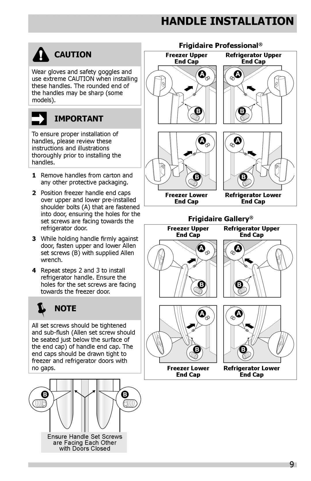 Frigidaire FFHS2622MB, FFHS2622MS, FFHS2622MW, FFHS2322MW, FFHS2322MB, FFHS2622MQ, FFHS2313LP, FFHS2313LM Handle Installation 