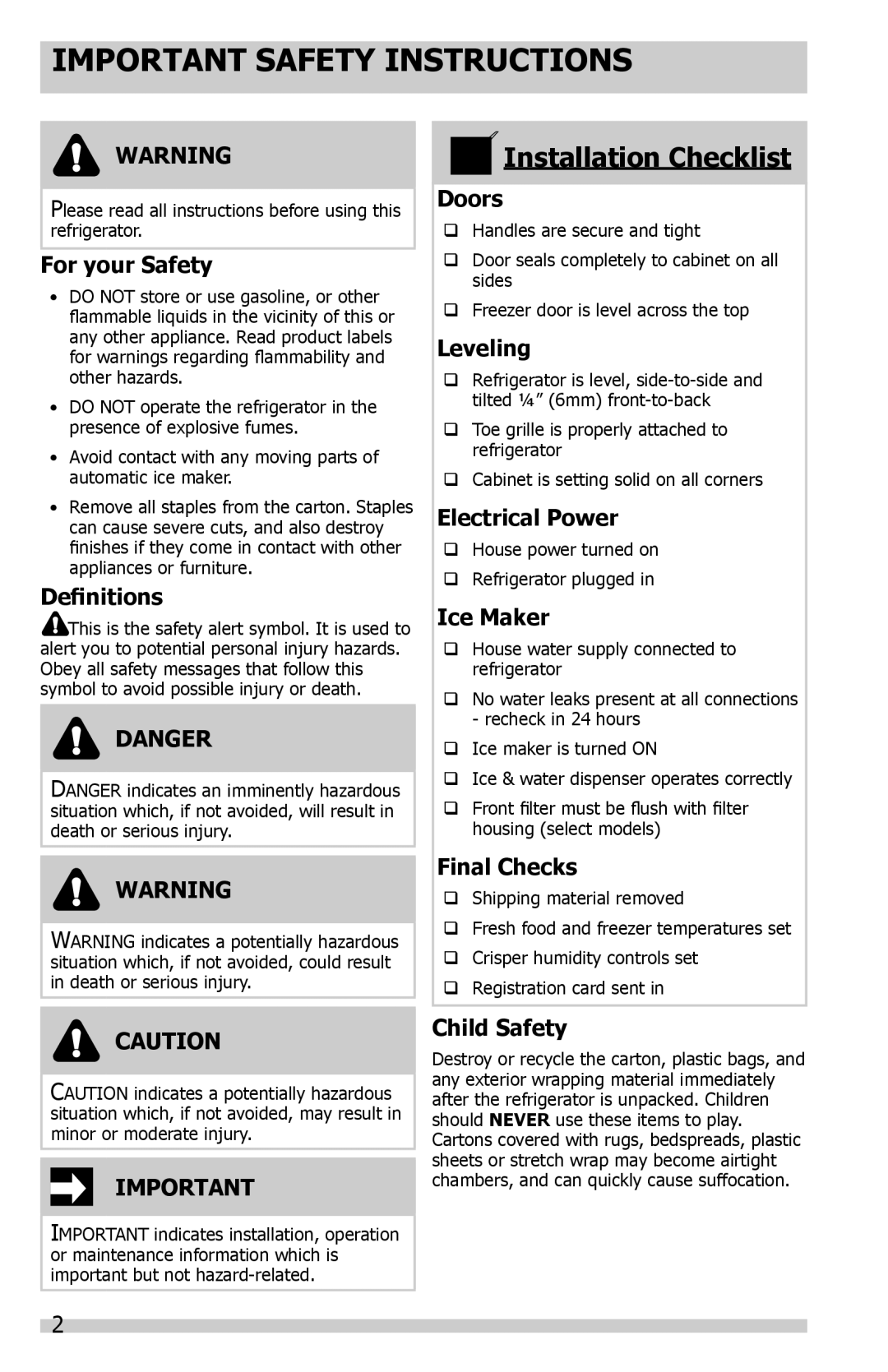 Frigidaire FFHS2322MW Important Safety Instructions, For your Safety, Definitions, Danger, Doors, Leveling, Ice Maker 