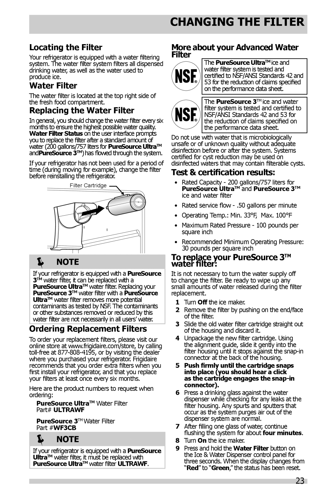 Frigidaire FFHS2622MW, FFHS2622MS Changing The Filter, Locating the Filter, Replacing the Water Filter,  Note 
