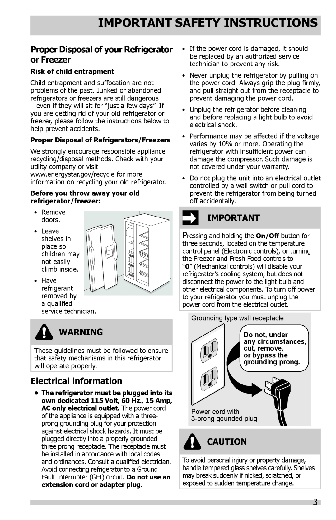 Frigidaire FFHS2322MB Proper Disposal of your Refrigerator or Freezer, Electrical information, Risk of child entrapment 