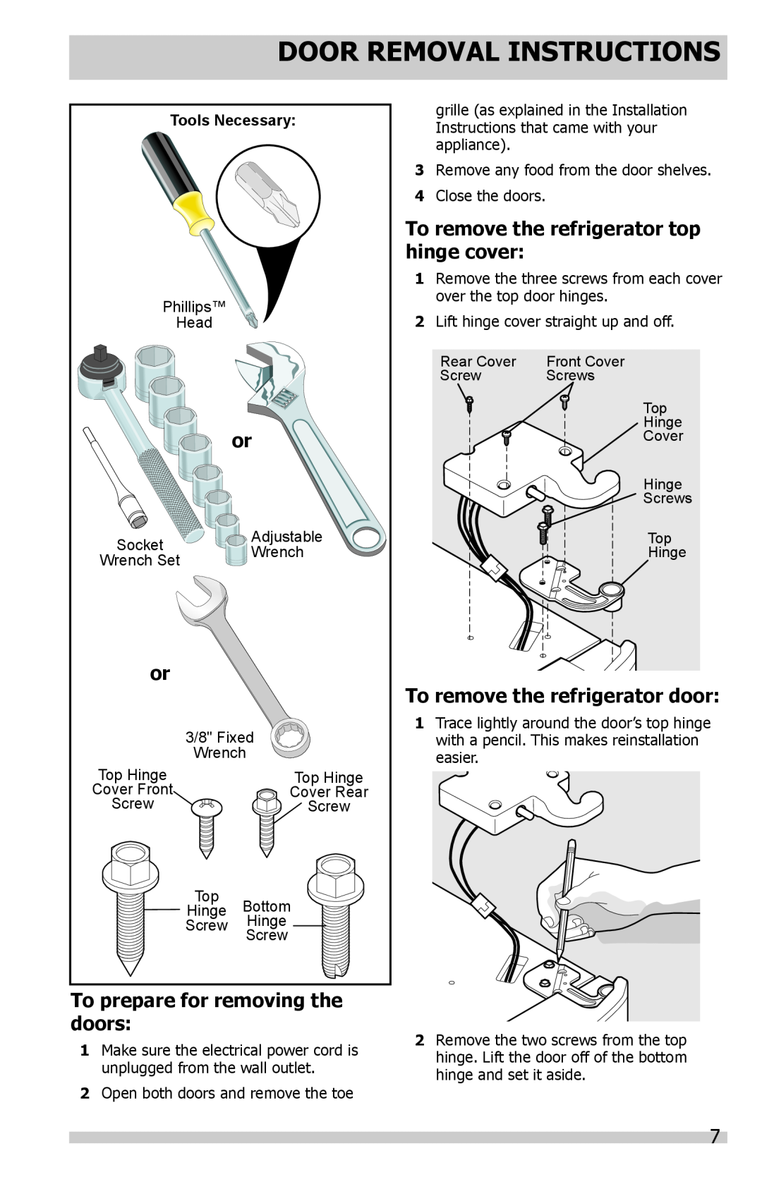 Frigidaire FFHS2313LS Door Removal Instructions, To prepare for removing the doors, To remove the refrigerator door 