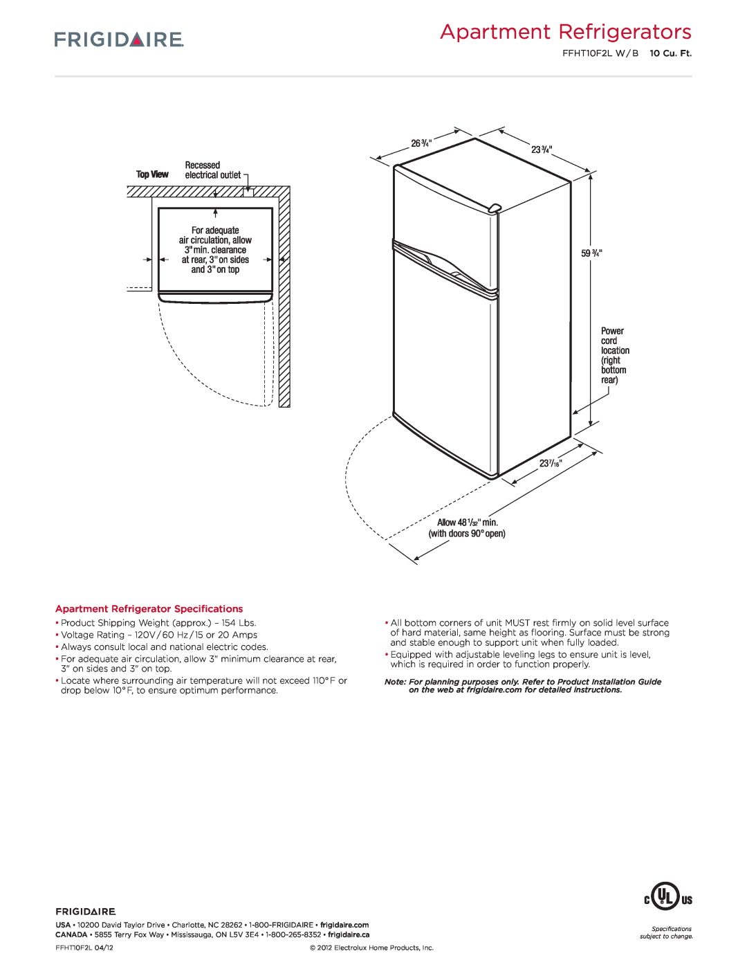 Frigidaire FFHT10F2LB dimensions Apartment Refrigerators, Apartment Refrigerator Specifications 