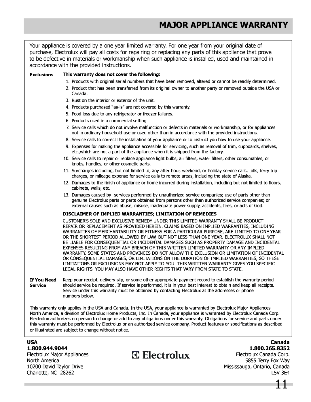 Frigidaire FFHT10F2LW important safety instructions Major appliance warranty, Canada, 800.944.9044 800.265.8352, Exclusions 