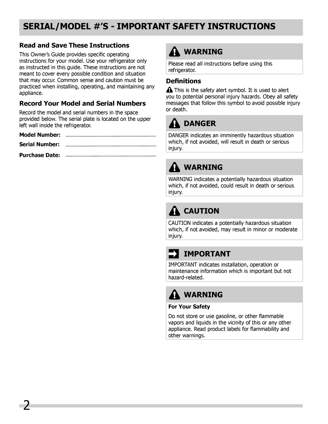 Frigidaire FFHT10F2LW SERIAL/MODEL #’S Important Safety Instructions, Read and Save These Instructions, Definitions 