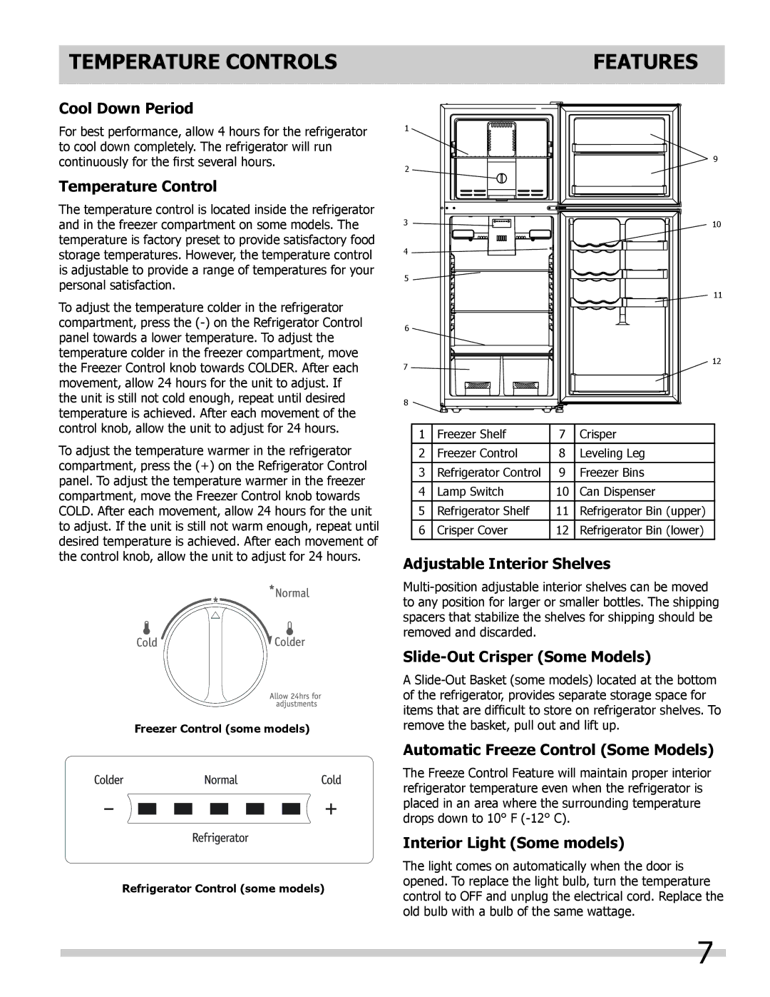 Frigidaire FFHT10F2LW important safety instructions Temperature Controls, Features 