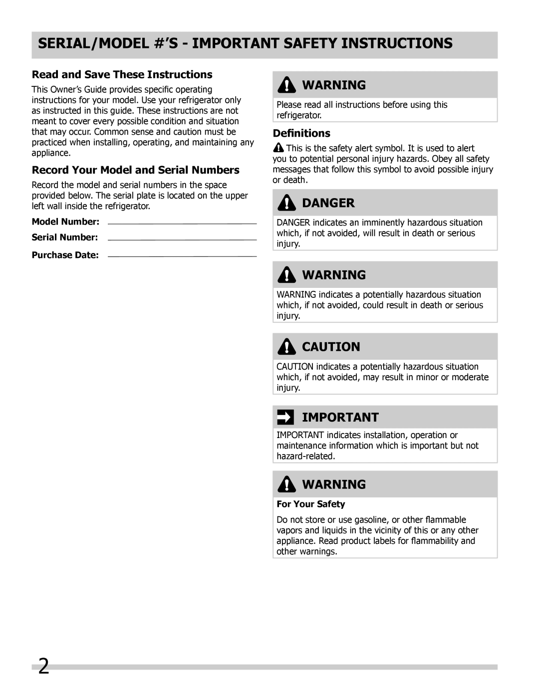Frigidaire FFHT10F2LW SERIAL/MODEL #’S - Important Safety Instructions, Danger, Read and Save These Instructions 