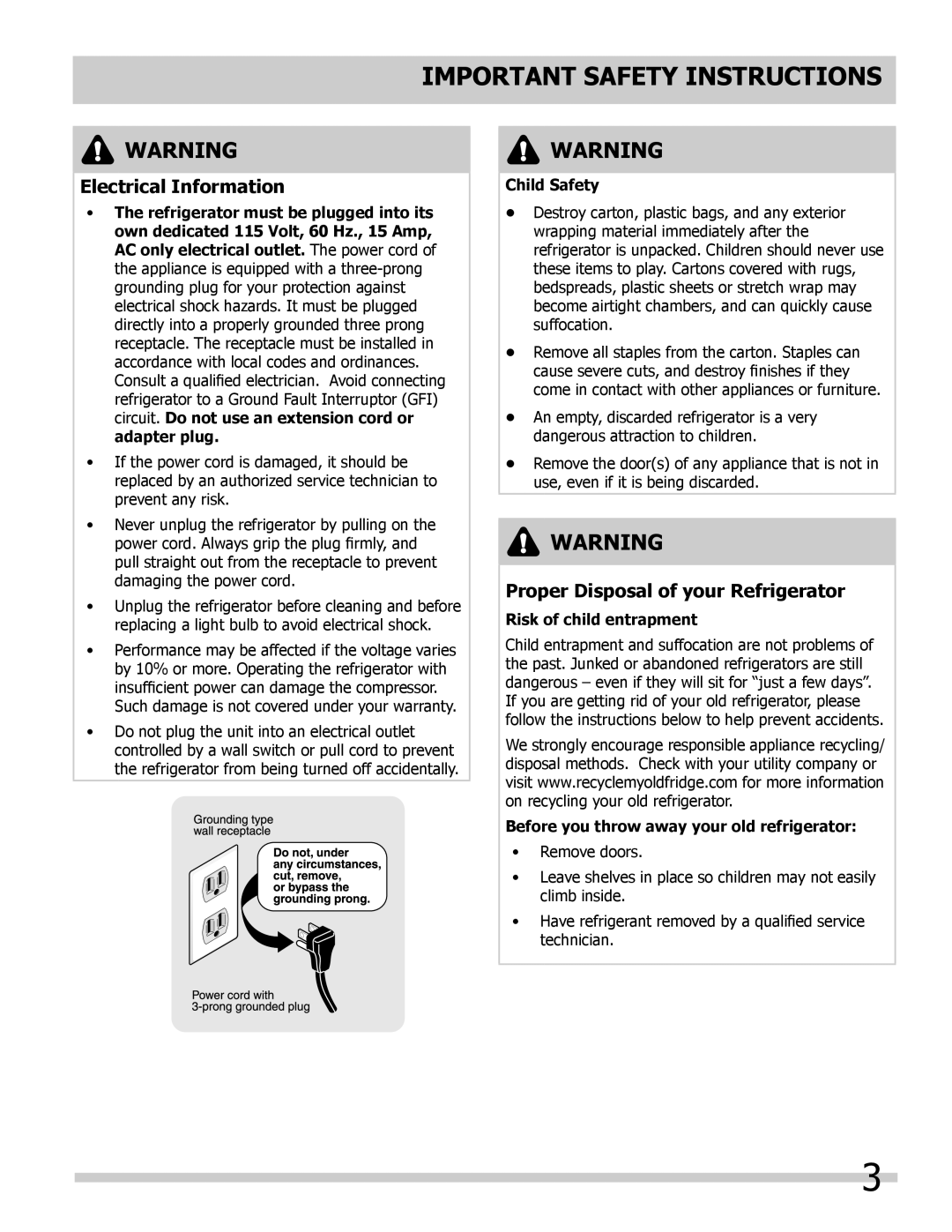 Frigidaire FFHT10F2LW Important Safety Instructions, Electrical Information, Proper Disposal of your Refrigerator 