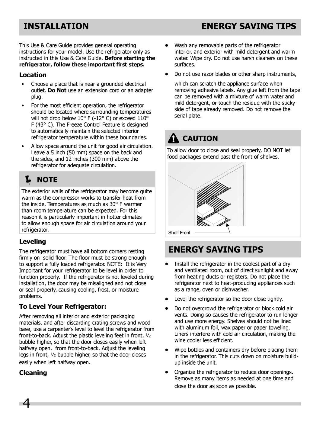 Frigidaire FFHT10F2LW Installation, Energy Saving Tips,  Note, Location, Leveling, To Level Your Refrigerator, Cleaning 