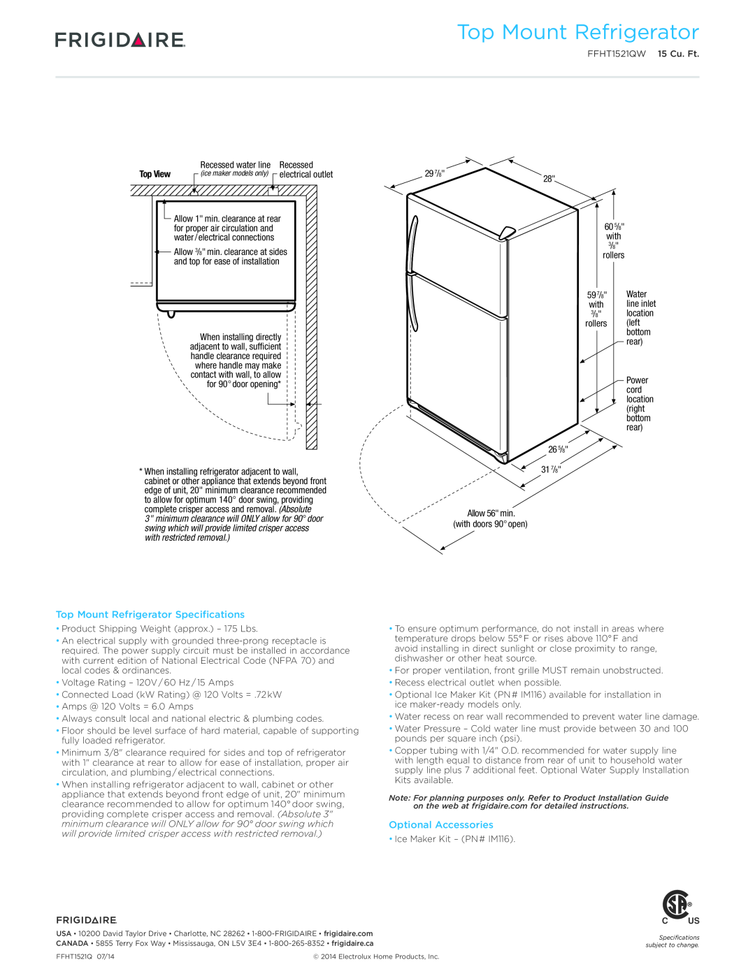 Frigidaire FFHT1521QW dimensions Top Mount Refrigerator Specifications, Optional Accessories, Top View, Recessed 