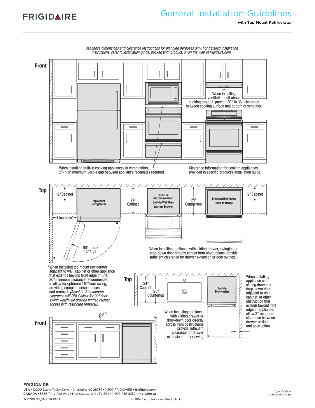 Frigidaire FFHT1521QW dimensions General Installation Guidelines, Front 