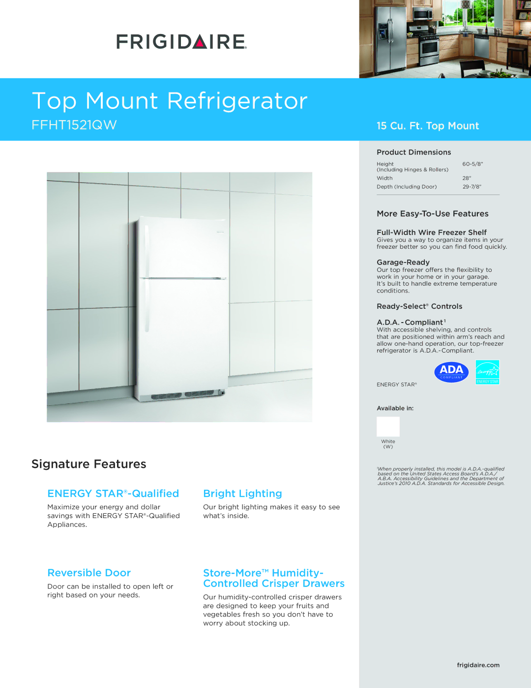 Frigidaire FFHT1521QW dimensions Top Mount Refrigerator 