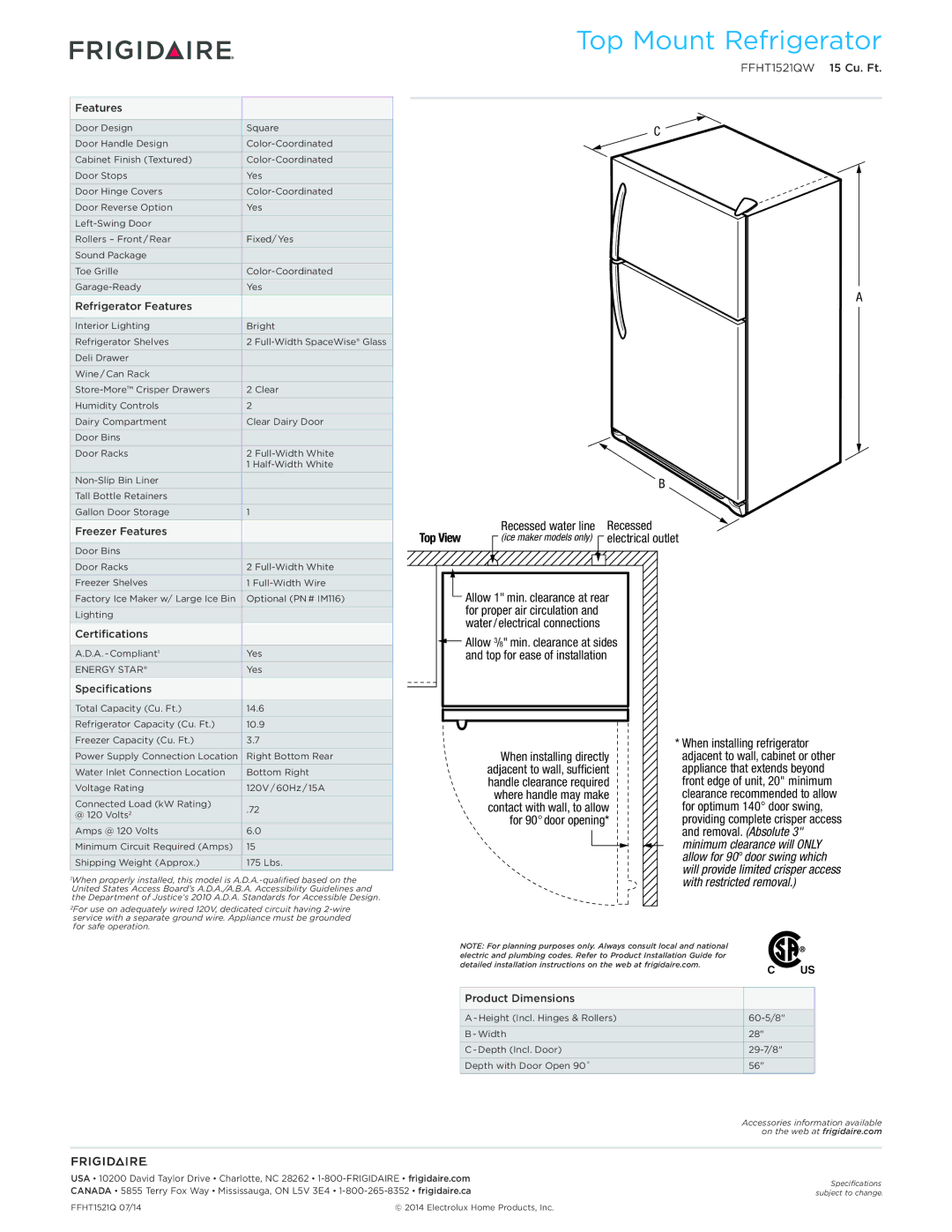 Frigidaire FFHT1521QW dimensions Top Mount Refrigerator, Features 