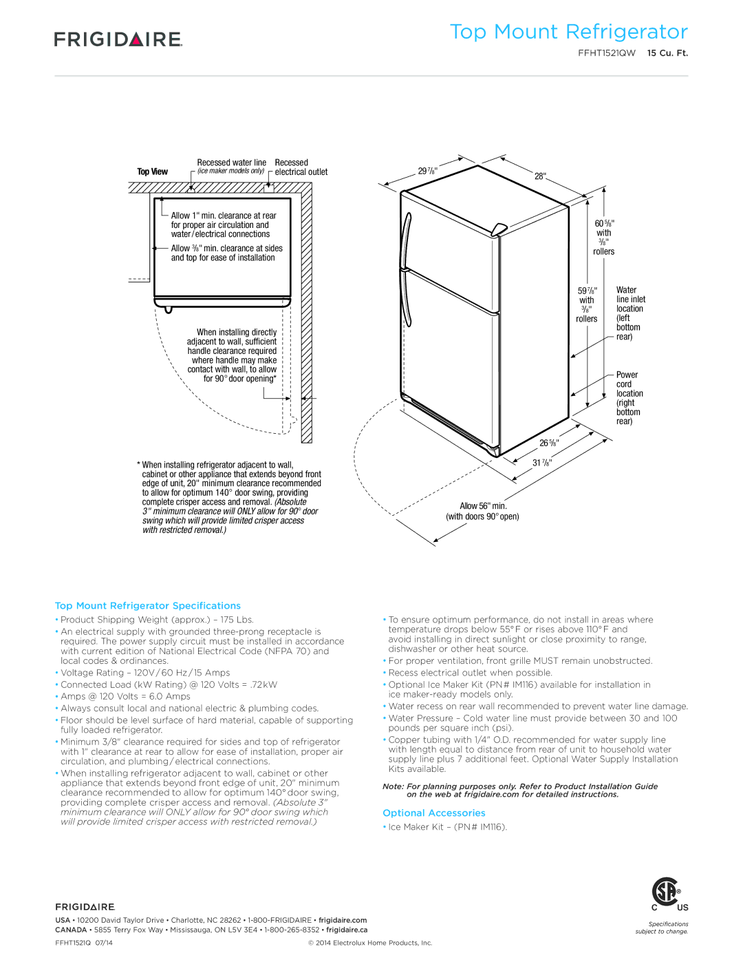 Frigidaire FFHT1521QW dimensions Top Mount Refrigerator Specifications 