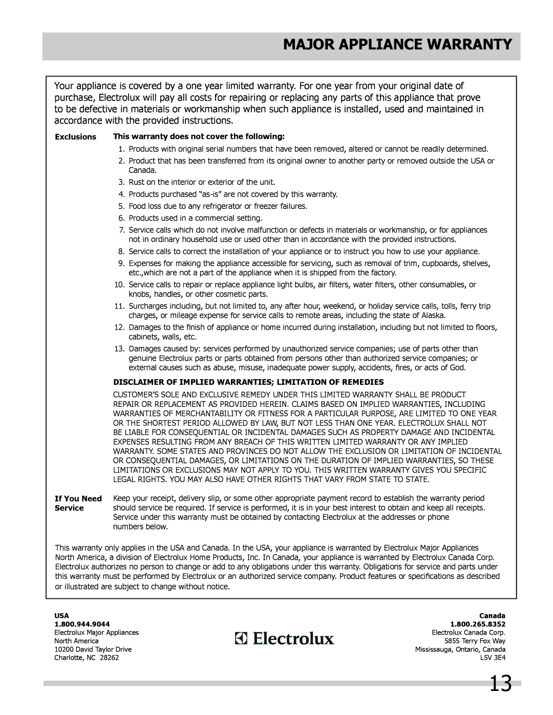 Frigidaire FFHT1826LM, FFHT1817LB, FFHT1814LM, FFHT1715LB, FFHT1715LW, FFHT1816LS manual Major appliance warranty, Exclusions 