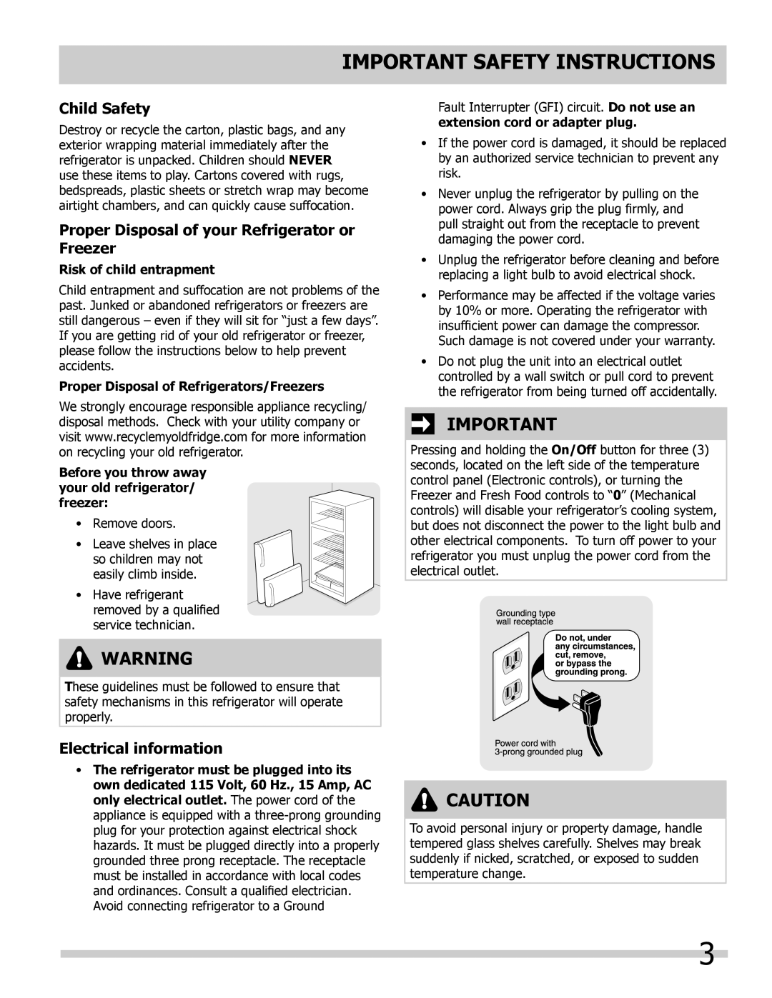 Frigidaire FFHT1715LW, FFHT1817LB Child Safety, Proper Disposal of your Refrigerator or Freezer, Electrical information 