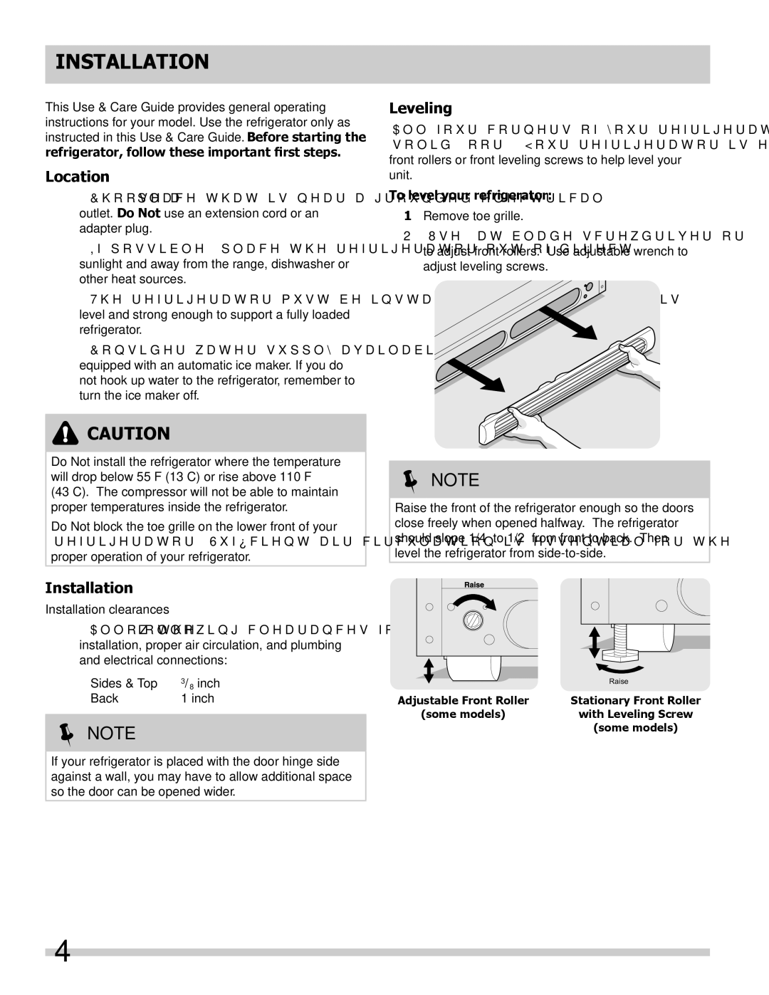 Frigidaire FFHT1816LS, FFHT1817LB, FFHT1814LM, FFHT1715LB, FFHT1715LW manual Installation, Location, To level your refrigerator 