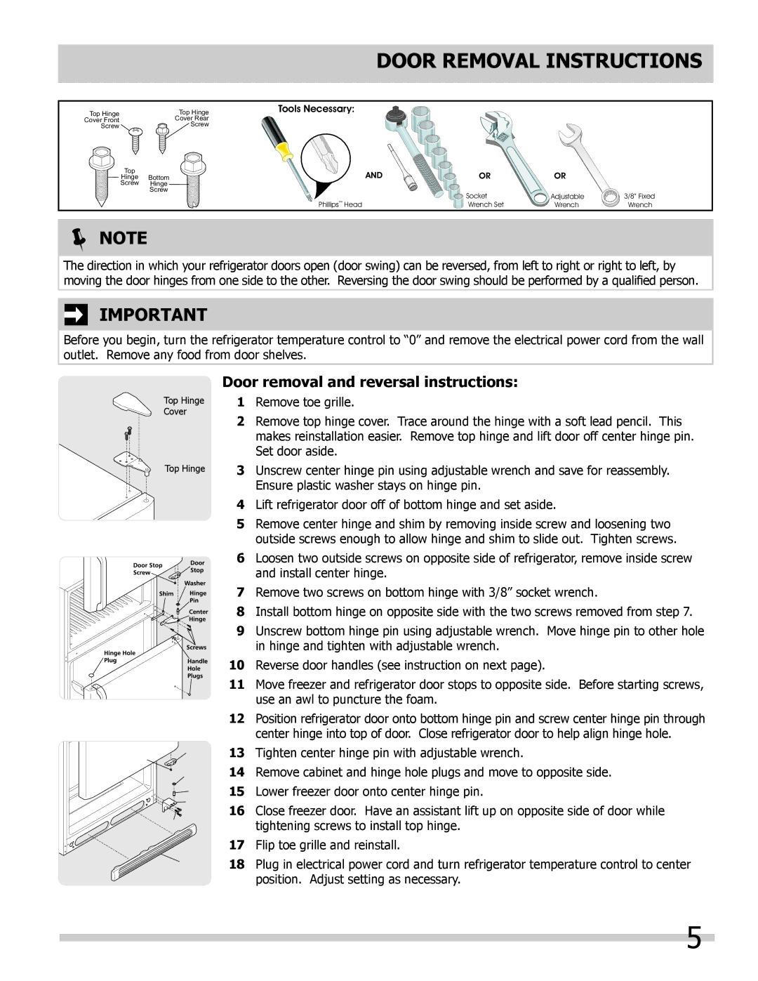 Frigidaire FFHT1817LW, FFHT1817LB, FFHT1814LM, FFHT1715LB Door Removal Instructions, Door removal and reversal instructions 