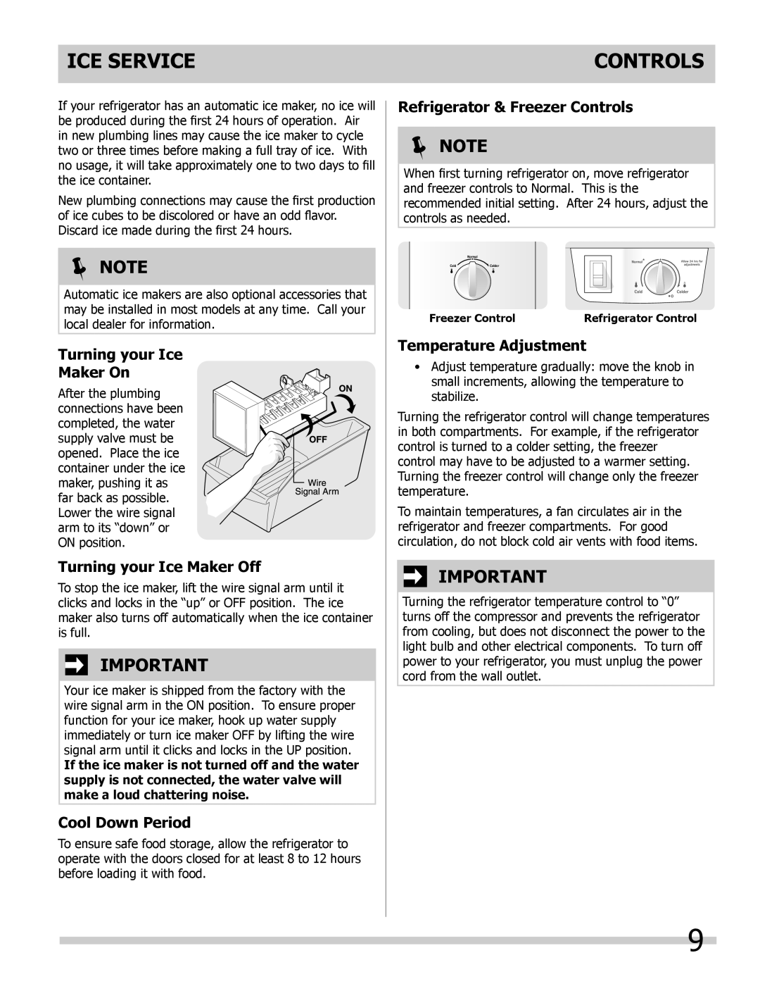 Frigidaire FFHT1816LK, FFHT1817LB, FFHT1814LM, FFHT1715LB, FFHT1715LW, FFHT1816LS, FFHT1817LW, FFHT1814LW Ice service Controls 