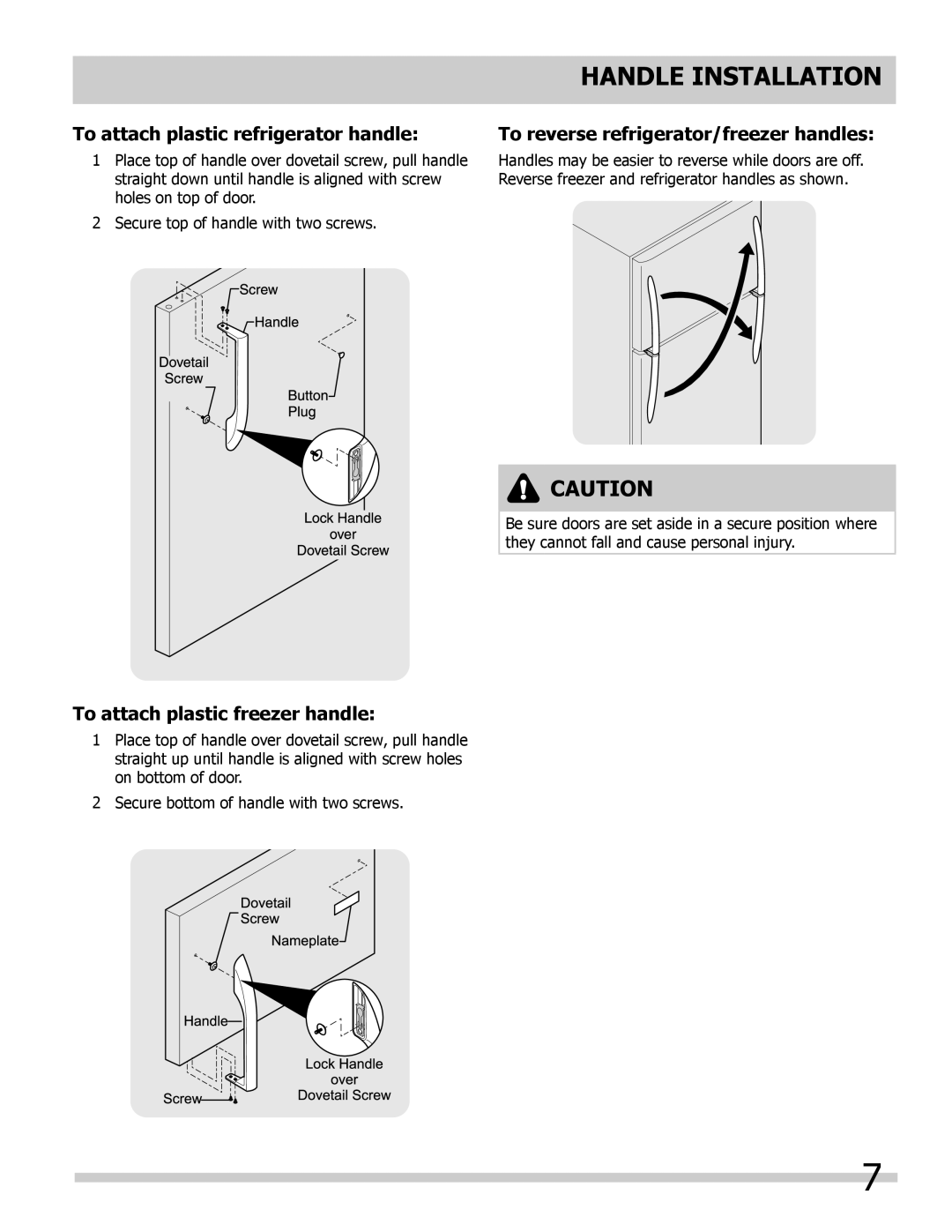 Frigidaire FFHT1713LW manual To attach plastic refrigerator handle, To attach plastic freezer handle, Handle installation 