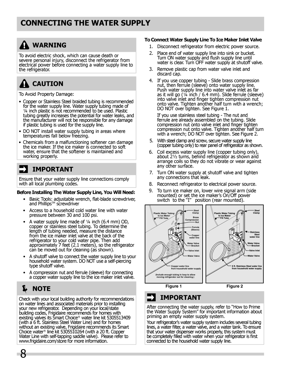 Frigidaire FFTR1817LW manual Connecting the Water Supply, Before Installing The Water Supply Line, You Will Need,  Note 