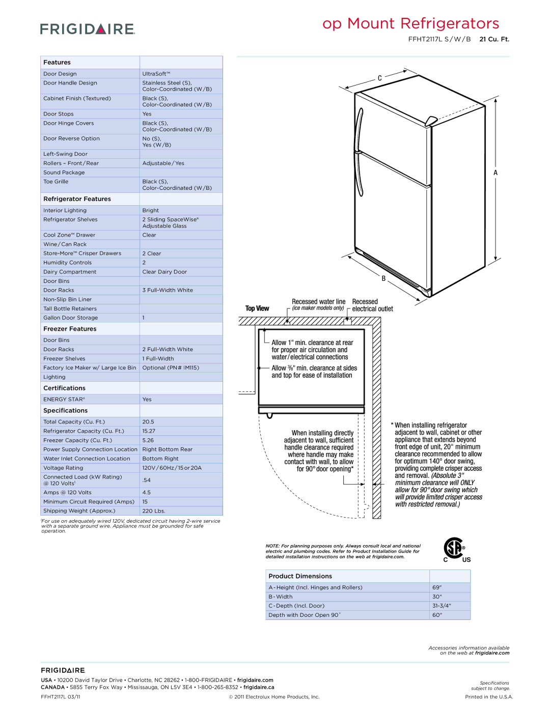 Frigidaire dimensions Op Mount Refrigerators, FFHT2117L S / W / B 21 Cu. Ft 