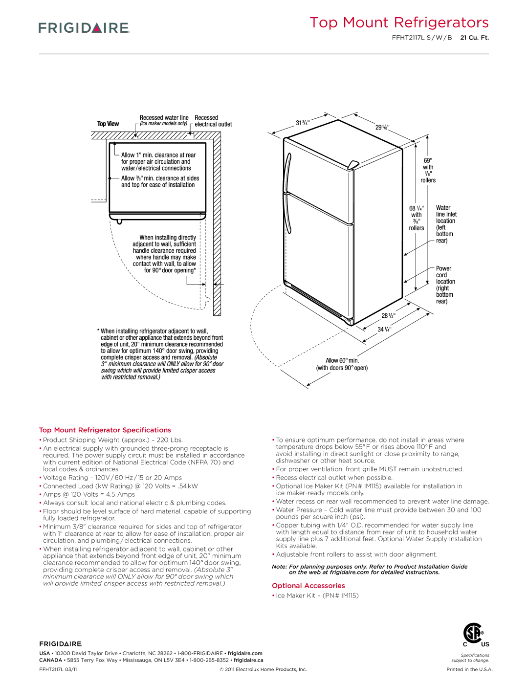 Frigidaire FFHT2117L dimensions Top Mount Refrigerators, Ice Maker Kit PN # IM115 