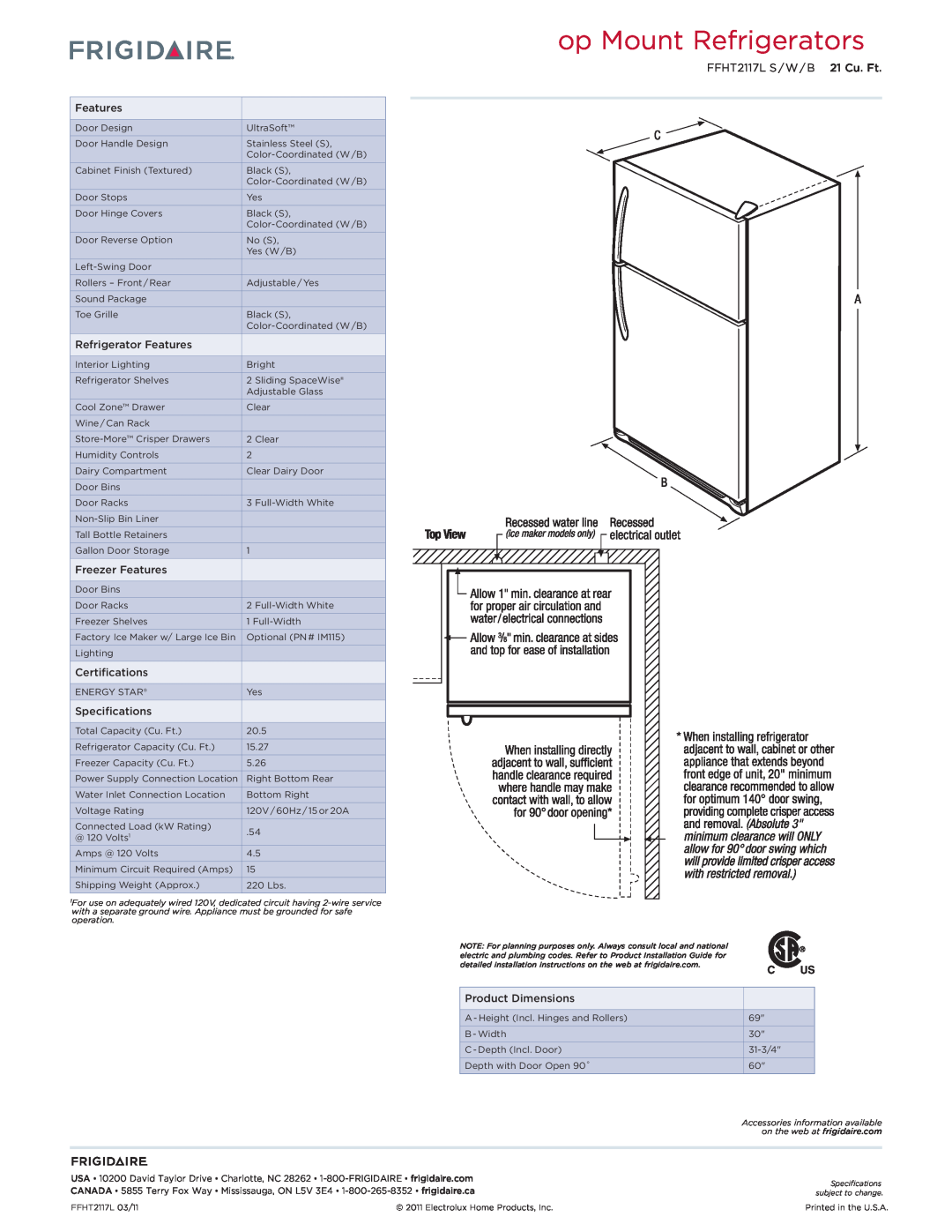 Frigidaire dimensions op Mount Refrigerators, FFHT2117L S / W / B 21 Cu. Ft 