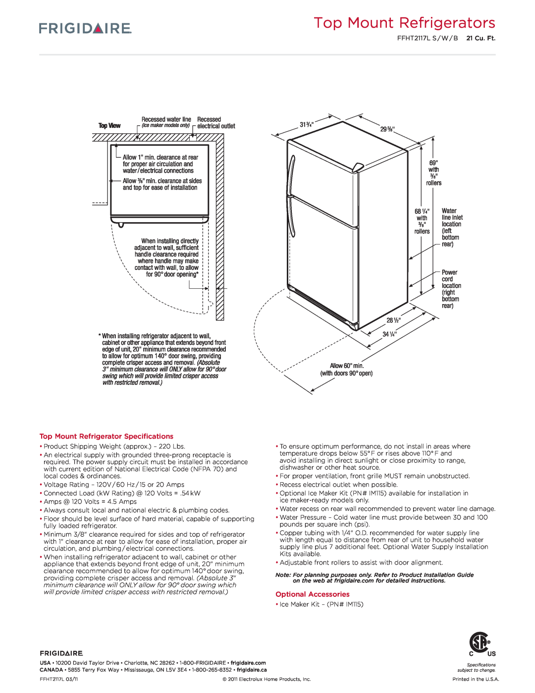 Frigidaire FFHT2117L dimensions Top Mount Refrigerators, Top Mount Refrigerator Specifications, Optional Accessories 