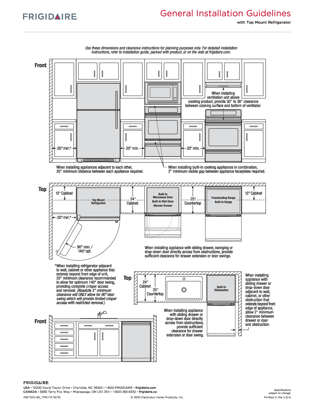 Frigidaire FFHT2117L dimensions General Installation Guidelines, Top Front 
