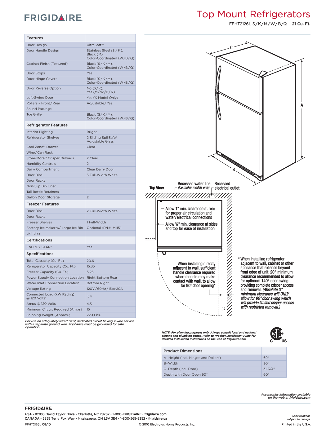 Frigidaire dimensions Top Mount Refrigerators, FFHT2126L S / K / M / W / B /Q 21 Cu. Ft 