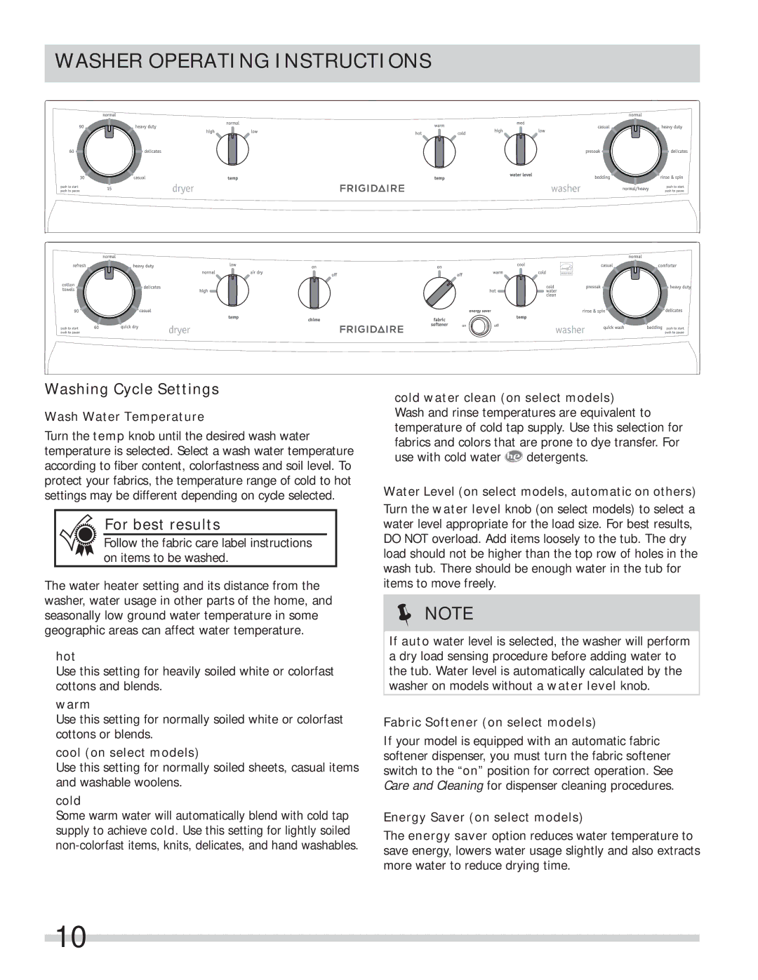 Frigidaire FFLE1011MW, FFLE2022MW important safety instructions Washing Cycle Settings 