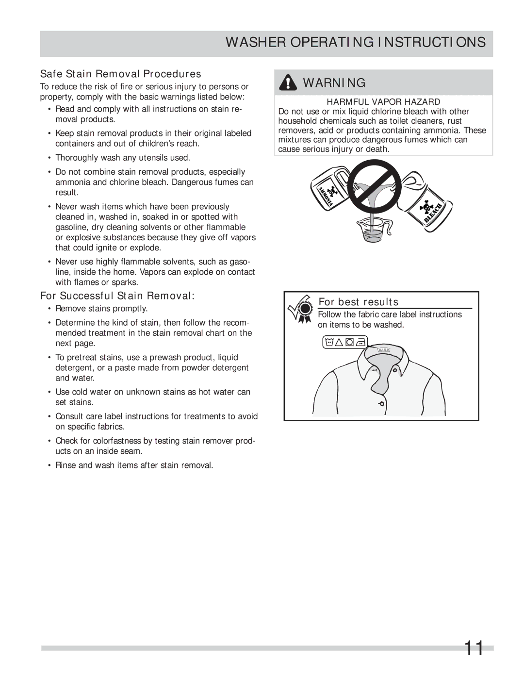 Frigidaire FFLE2022MW, FFLE1011MW important safety instructions Safe Stain Removal Procedures, For Successful Stain Removal 