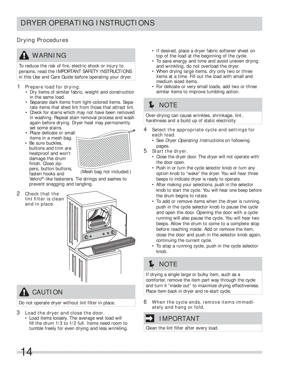 Frigidaire FFLE1011MW, FFLE2022MW important safety instructions Dryer Operating Instructions, Drying Procedures 