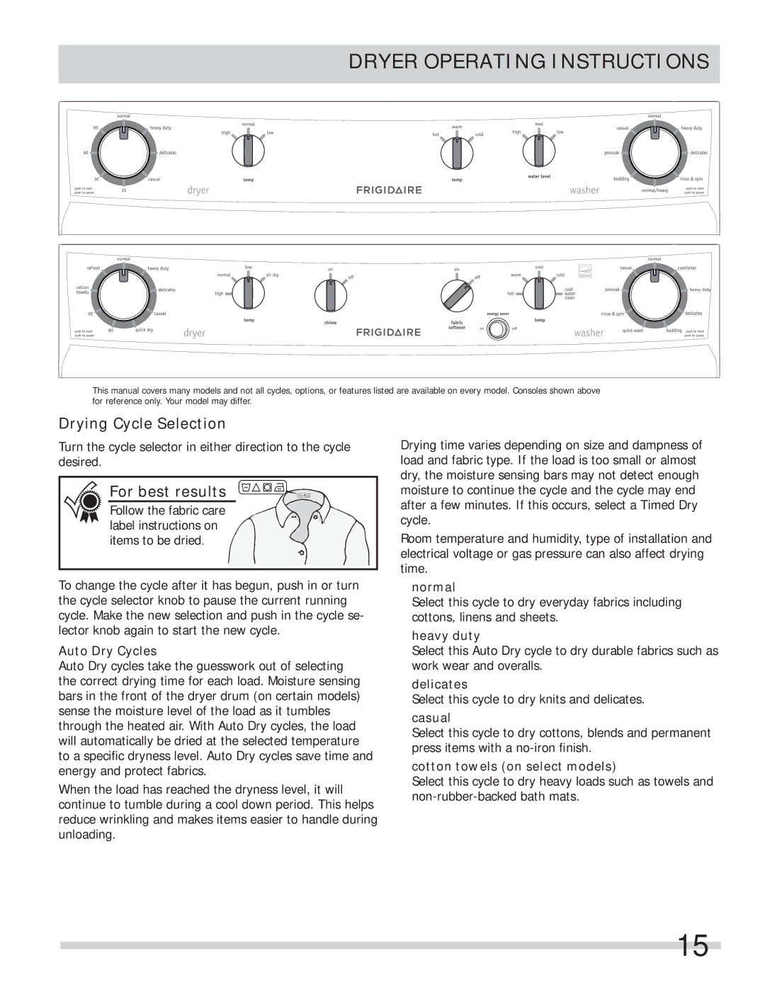 Frigidaire FFLE2022MW, FFLE1011MW Drying Cycle Selection, Auto Dry Cycles, Cotton towels on select models 