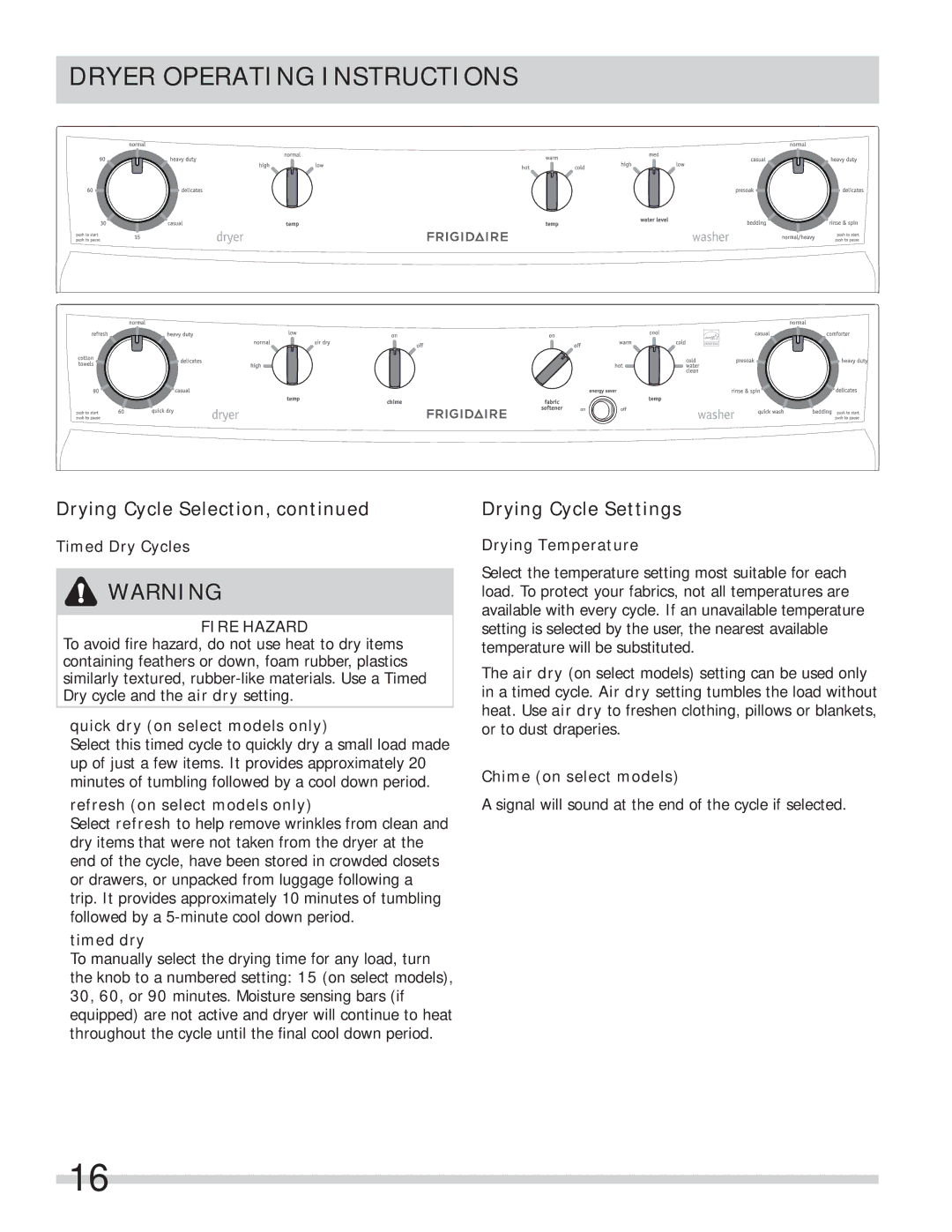 Frigidaire FFLE1011MW, FFLE2022MW important safety instructions Drying Cycle Settings 