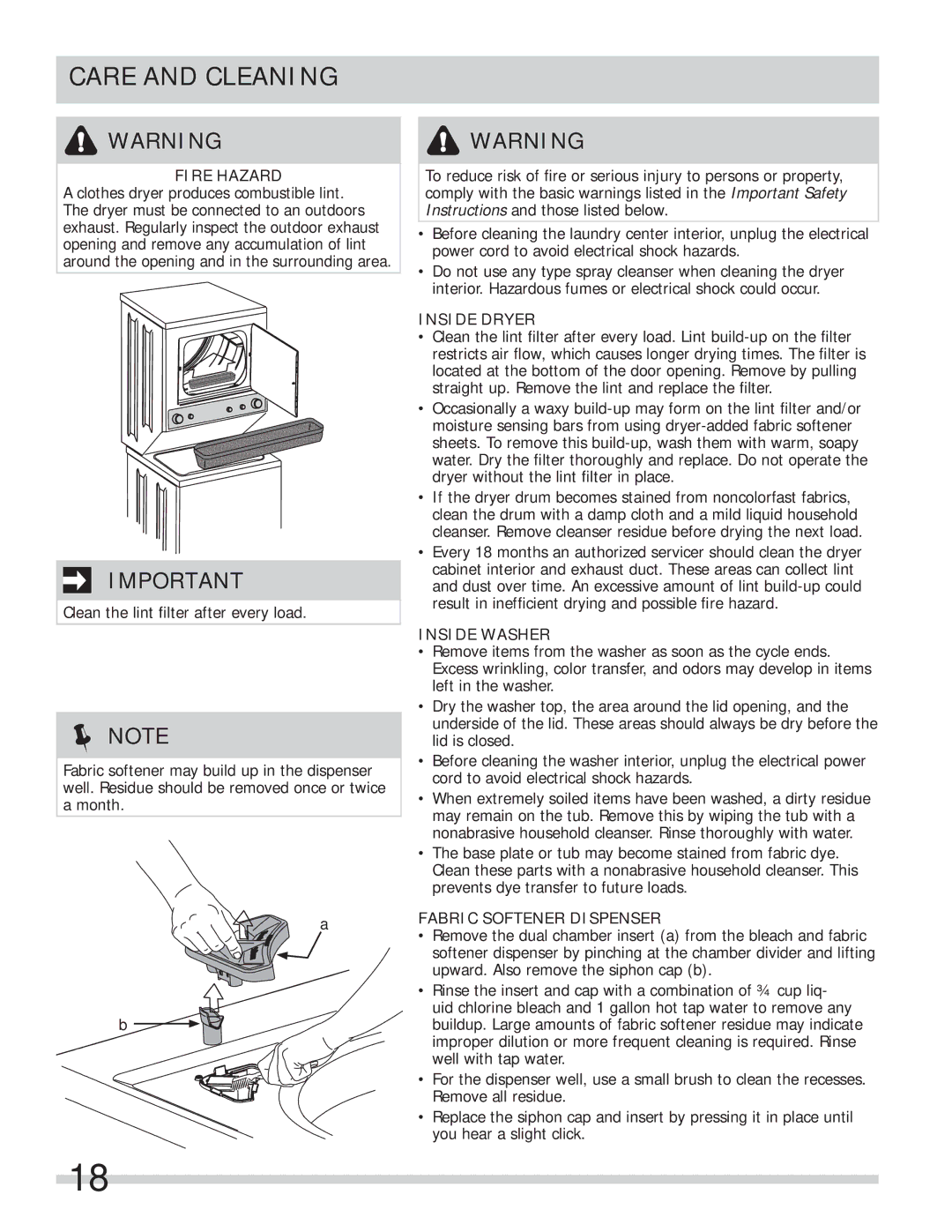 Frigidaire FFLE1011MW, FFLE2022MW Care and Cleaning, Inside Dryer, Inside Washer, Fabric Softener Dispenser 