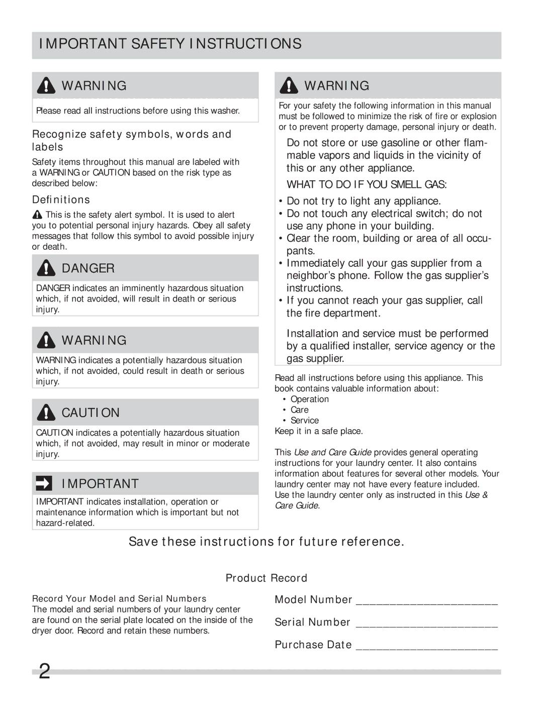 Frigidaire FFLE1011MW, FFLE2022MW Important Safety Instructions, Recognize safety symbols, words and labels, Deﬁnitions 