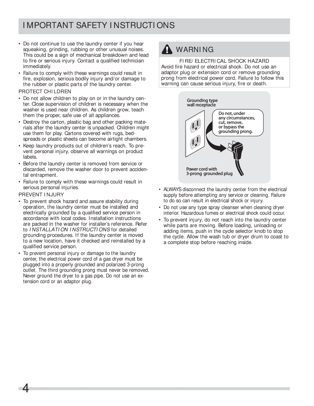 Frigidaire FFLE1011MW, FFLE2022MW important safety instructions Protect Children, Prevent Injury 