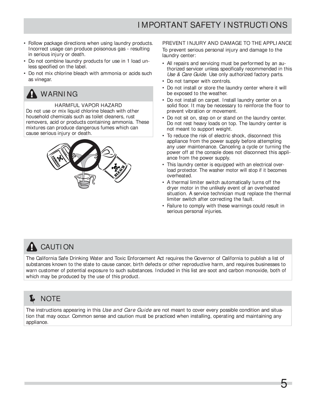 Frigidaire FFLE2022MW, FFLE1011MW Harmful Vapor Hazard, Prevent Injury and Damage to the Appliance 