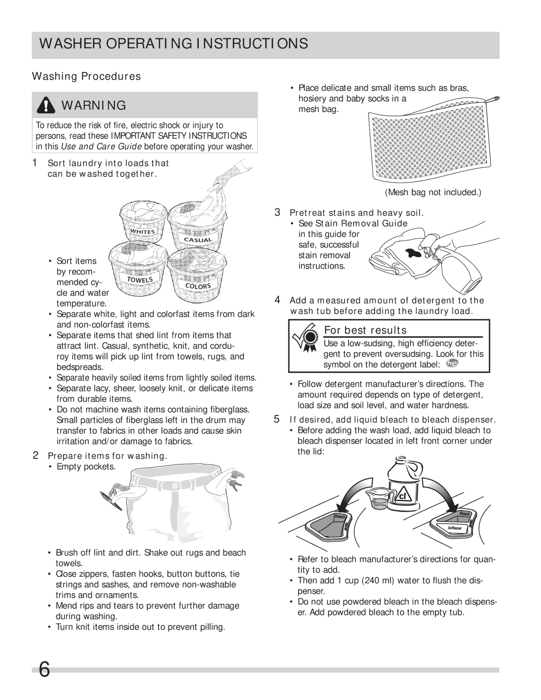 Frigidaire FFLE1011MW, FFLE2022MW Washer Operating Instructions, Washing Procedures, For best results 