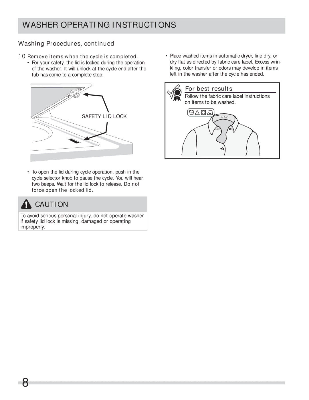 Frigidaire FFLE1011MW, FFLE2022MW important safety instructions Remove items when the cycle is completed, Safety LID Lock 