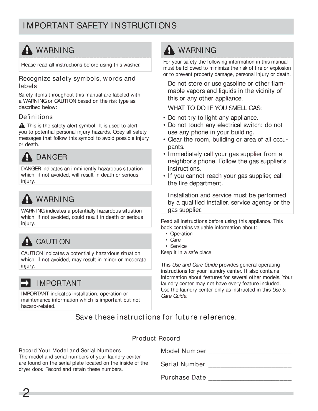 Frigidaire FFLG2022MW, FFLG1011MW Important Safety Instructions, Recognize safety symbols, words and labels, Deﬁnitions 