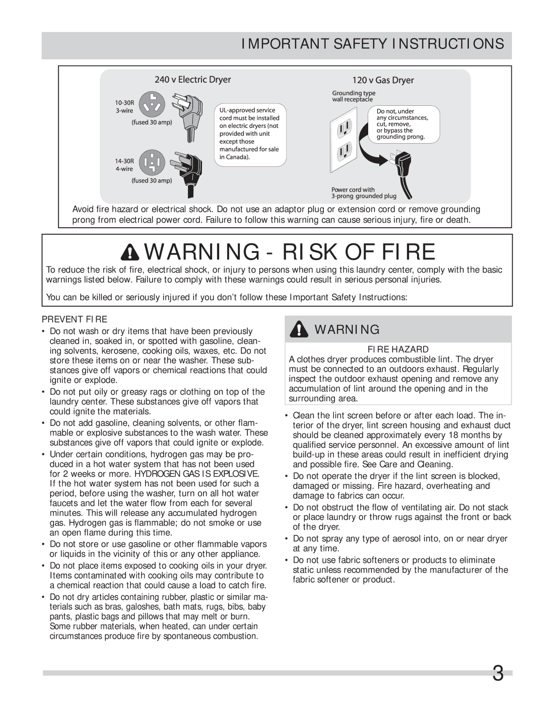 Frigidaire FFLG1011MW, FFLG2022MW important safety instructions Prevent Fire, Fire Hazard 