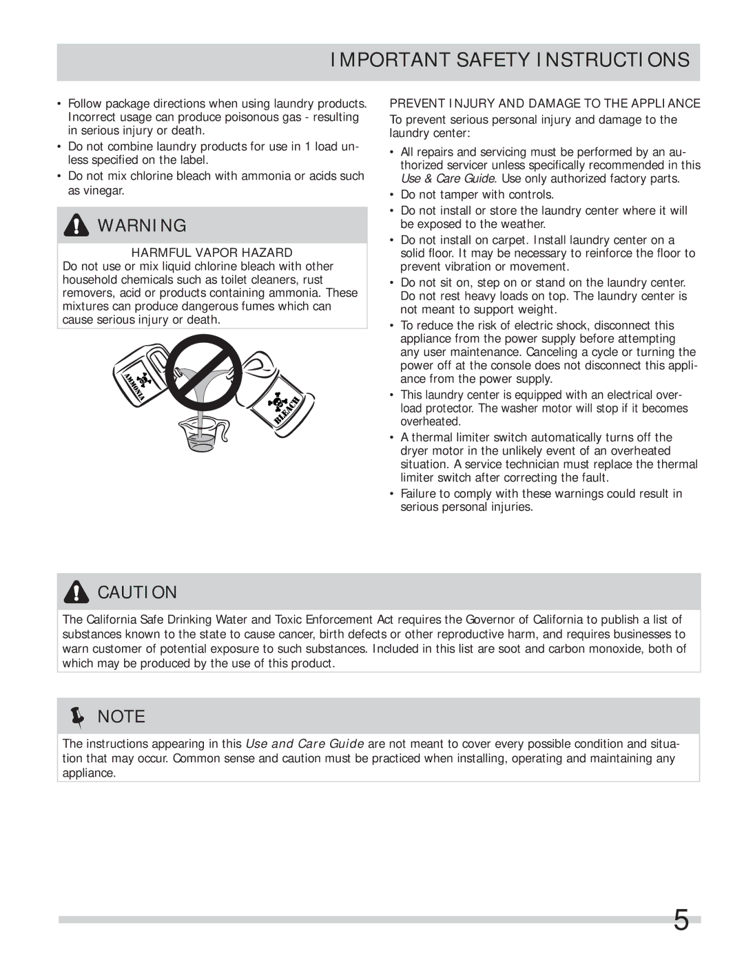 Frigidaire FFLG1011MW, FFLG2022MW Harmful Vapor Hazard, Prevent Injury and Damage to the Appliance 