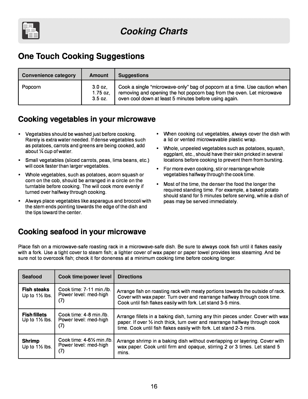 Frigidaire FFMO1611LW One Touch Cooking Suggestions, Cooking vegetables in your microwave, Convenience category, Amount 