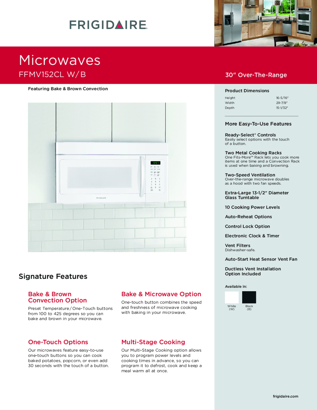 Frigidaire FFMV152CL dimensions Featuring Bake & Brown Convection, Product Dimensions, Ready-Select Controls 