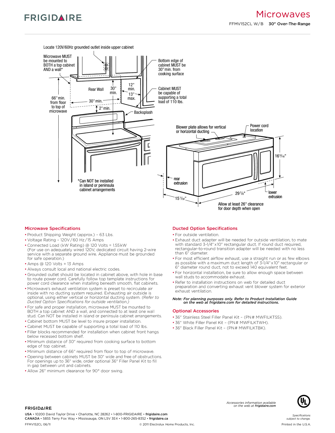 Frigidaire FFMV152CL dimensions Locate 120V/60Hz grounded outlet inside upper cabinet, 2min, Min Max Backsplash 