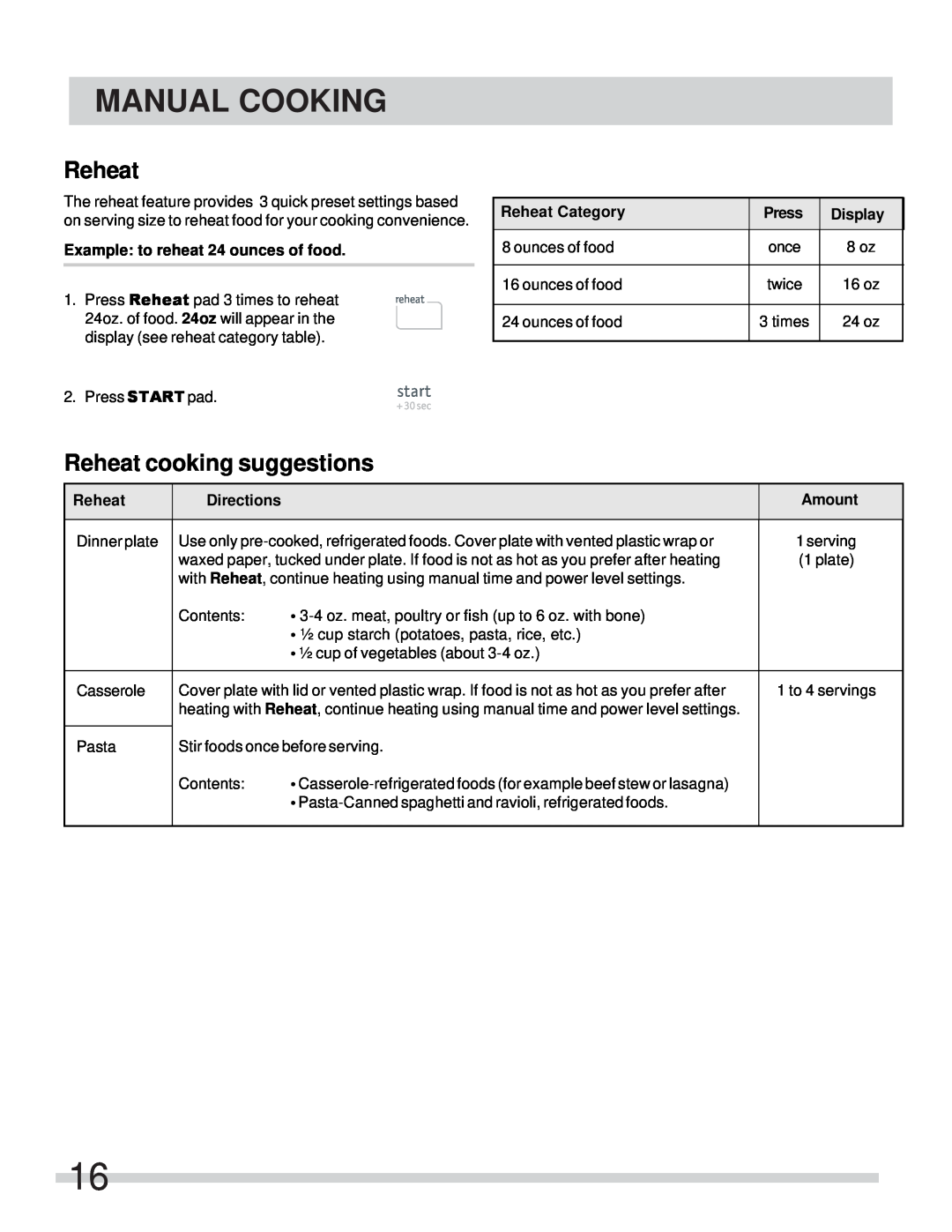 Frigidaire FFMV152CLB Reheat cooking suggestions, Manual Cooking, start, Example to reheat 24 ounces of food, Press 