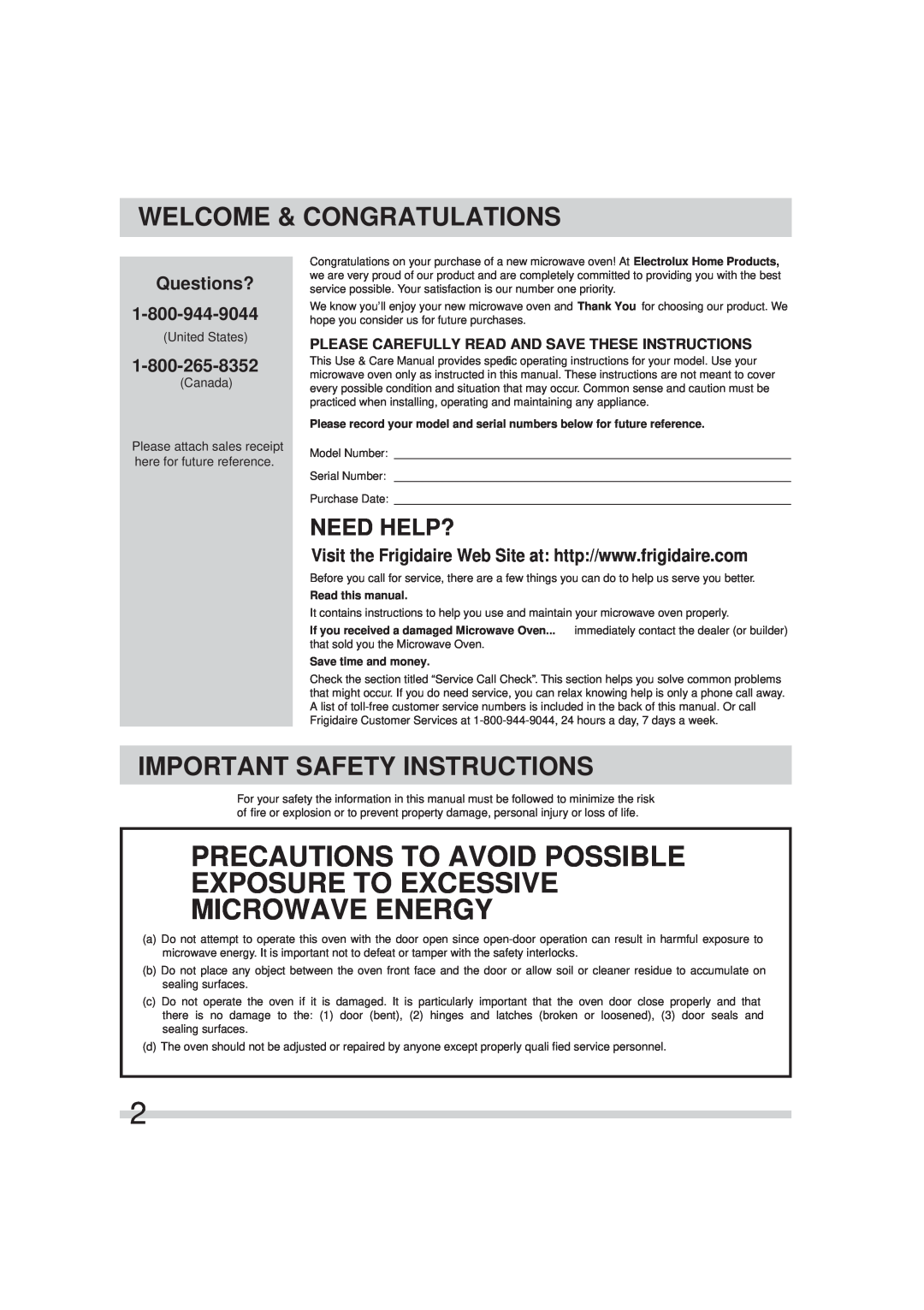 Frigidaire FFMV152CLW, FFMV154CLS, FFMV152CLB Welcome & Congratulations, Important Safety Instructions, Need Help? 